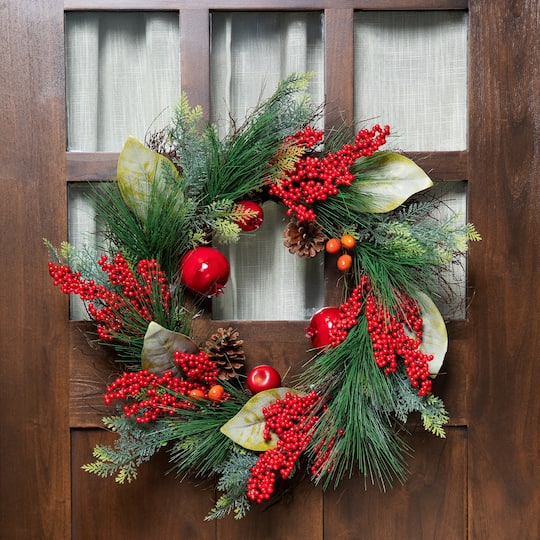 24" Unlit Autumn Harvest Mixed Pine, Berry & Nut Thanksgiving Fall Wreath